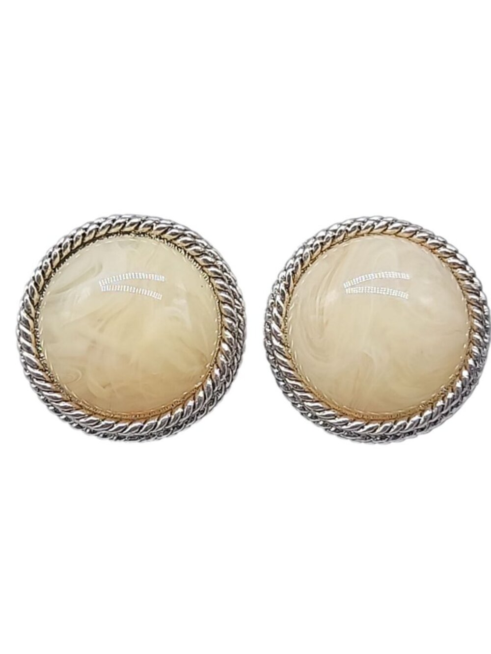 Oscar Del La Renta Marbled Glass Button Clip On Earrings Etched Silver Tone VTG